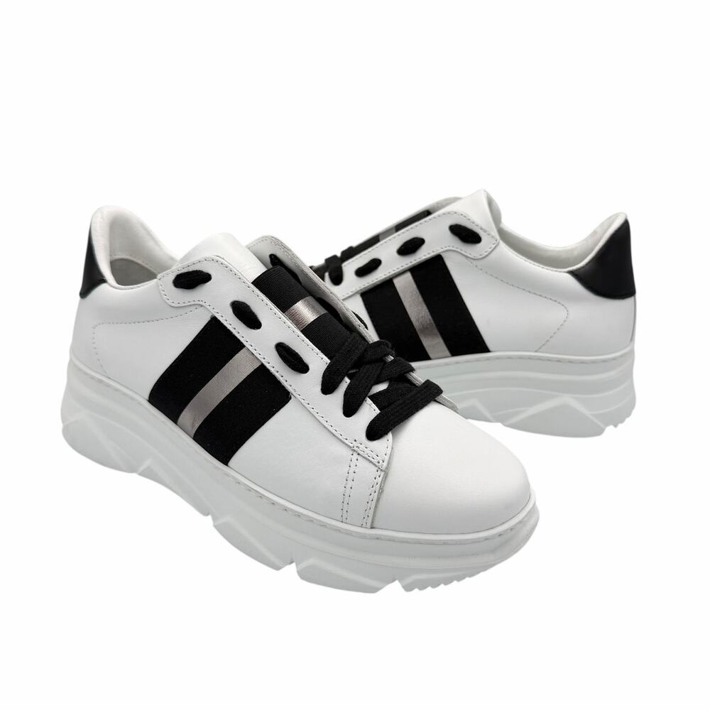 M. Gemi NEW Volata Grande White Leather Black Metallic Stripe Chunky Sneakers